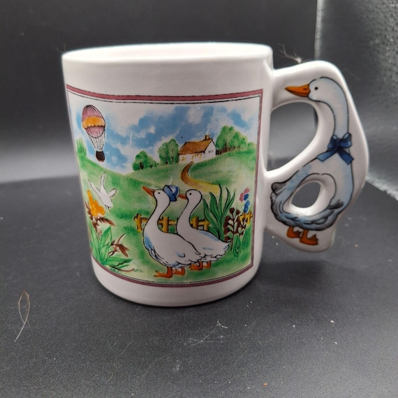 Vintage Ceramic Mug With Goose Handle Farm Scene Design Hot Air Balloon