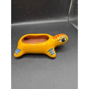 Hand-Painted Yellow Turtle Ceramic Planter From Mexico 5" Decorative Accent
