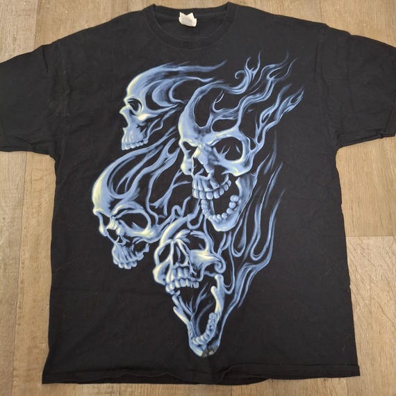 Vintage Fruit of the Loom Heavy HD Skull Graphic T-shirt XL Navy