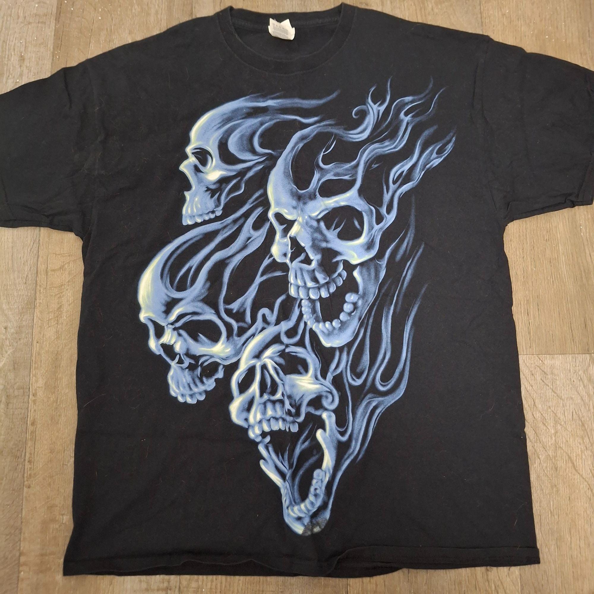 Vintage Fruit of the Loom Heavy HD Skull Graphic T-shirt XL Navy