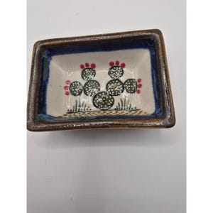 May include: A rectangular ceramic dish with a cream-colored interior featuring a hand-painted green cactus design with red accents. The dish has a thick, dark brown rim and a deep blue border along the inner edge, with a speckled brown base.