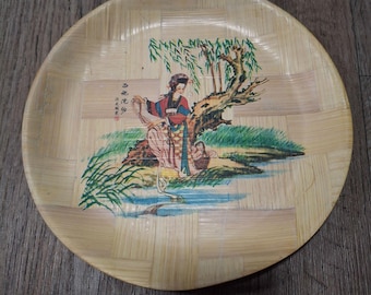 Vintage Chinese Bamboo Weave Wall Art Decorative Plate  Romantic Landscape Scene