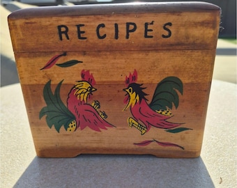 Handcrafted Wooden Farmhouse Recipe Box With Rooster Design Made In Japan
