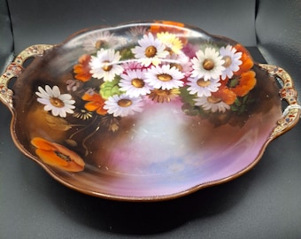 Cuenco de porcelana Noritake pintado a mano con diseño floral y asas, Japón