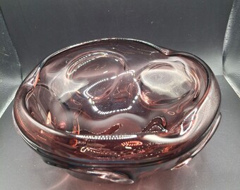 Hand-Blown Heavy Amethyst Purple Art Glass Bowl With Swirl Design Centerpiece