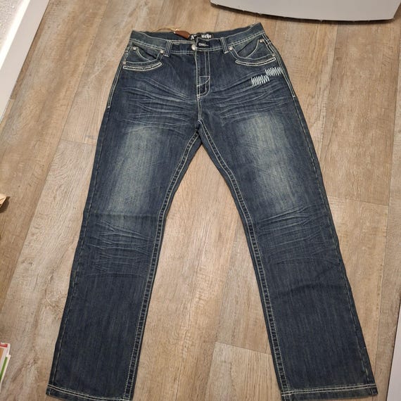 Y2K NWT Ablanche Mens Distressed Wing Embroidered Denim Jeans W36 