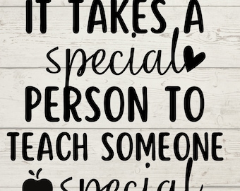 May include: Black and white text on a woodgrain background that reads "It takes a special person to teach someone special". A black apple and stack of books are below the text.