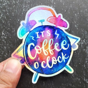 Holographic Coffee Sticker, Gift for Coffee Lovers, Coffee Laptop Sticker, Hydroflask Waterproof Sticker, Watercolor Galaxy Kindle Sticker