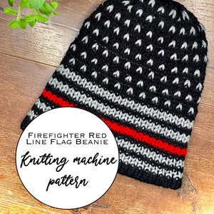 May include: Black and grey knit beanie with red stripes. The beanie has a pattern of small white hearts. The text "Firefighter Red Line Flag Beanie Knitting machine pattern" is on a white circle.