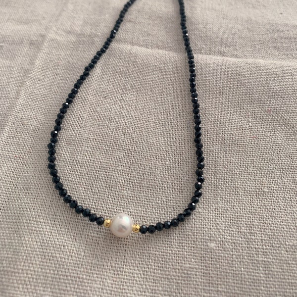 Spinel and Natural Freshwater Pearl Necklace, Beaded Black Spinel and White Pearl Necklace, Special Day Gift, Birthday Gift, for Him/Her