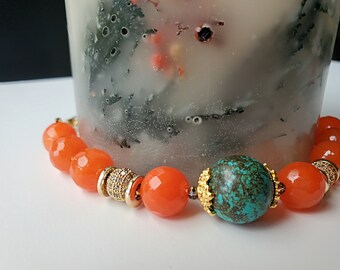 OOAK agate & turquoise bracelet, natural stone, adjustable beaded bracelet, designer bracelet