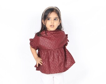 Brown Dot Kurta Trouser Set, for Kids Top -Chanderi with Zari Bottom - Silk Blend 100% cotton Lining