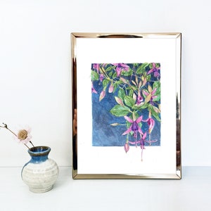 Original Aquarell Blumen Gemälde / Grußkarte "Fuchsie" A6 (10,6 x 14,8 cm)