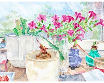 Art Print "Windowsill with Flowers" 20x15 cm / Still life / Watercolor / Petunia / Flower Art Print