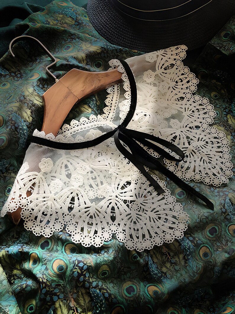 Embroidered Lace Fake Collar, White/Black False Faux Collar, Detachable Blouse, Lady Dicky Collar, Free Size image 3