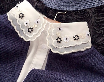 Organza Embroidered Poly Cotton False Collar With Rhinestones, Women Simply Dicky Collar, Elegant False Faux Collar, Detachable Blouse