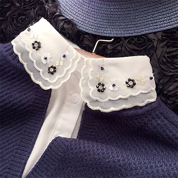 Organza Embroidered Poly Cotton False Collar With Rhinestones, Women Simply Dicky Collar, Elegant False Faux Collar, Detachable Blouse