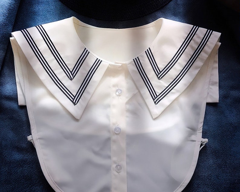 Bleu marine faux col détachable devant cravate chemises blanc faux vintage pétale chemisier col pour femmes filles faveurs image 2