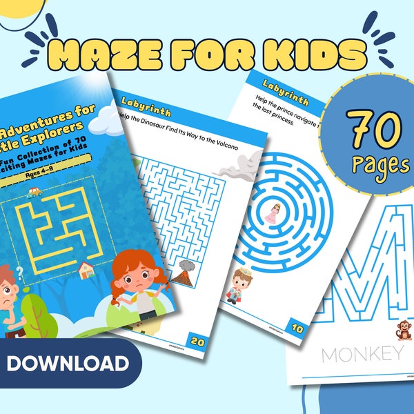 Fun Collection of 70 Exciting Mazes Book for Kids | Printable Labyrinth Pages | 70 Mazes | Instant PDF Download Letter & A4