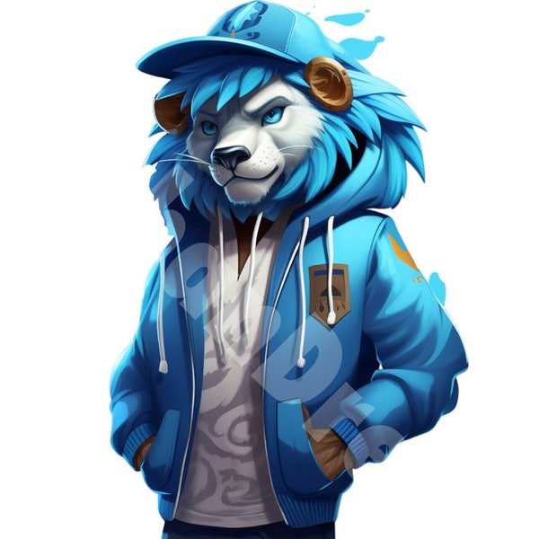 Blue Streetwear Lion png. Colorful Graffiti png design Shirts and sublimation designs for urban apparel and streetwear. Instant Download