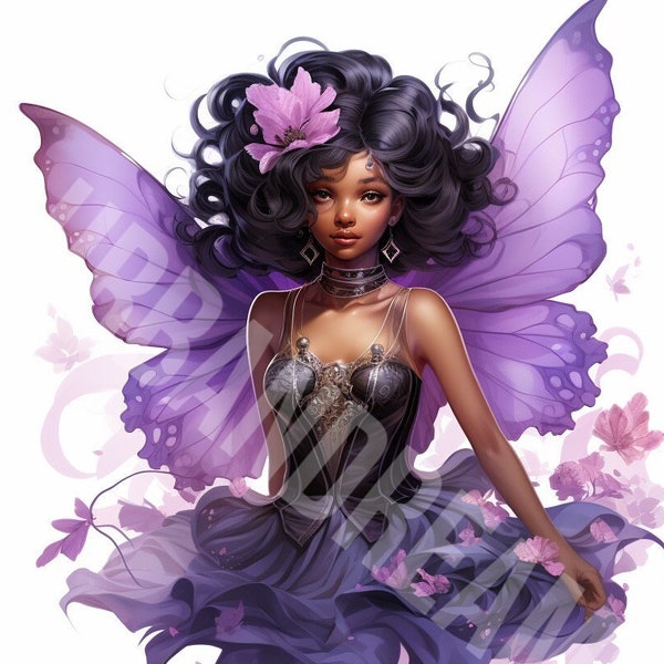 Stunning Black Fairy Png. Dressed in Purple, Birthday Clipart for Sublimation Beautiful Black Doll Png. Instant Download