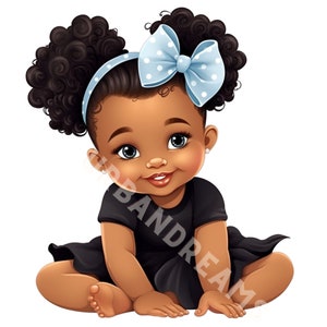 Belle petite fille noire bénie | Adorable princesse noire Clipart | Afro Puffs Black Dress Digital Art PNG fichier
