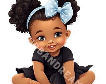 Beautiful Blessed Black Baby Girl | Adorable Black Princess Clipart | Afro Puffs Black Dress Digital Art PNG file