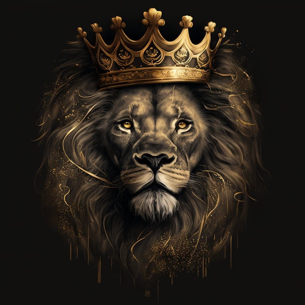 Black and Gold Lion As King with Crown | True Hi Res Art | Wall Art | Printable Instant Download | AI ART