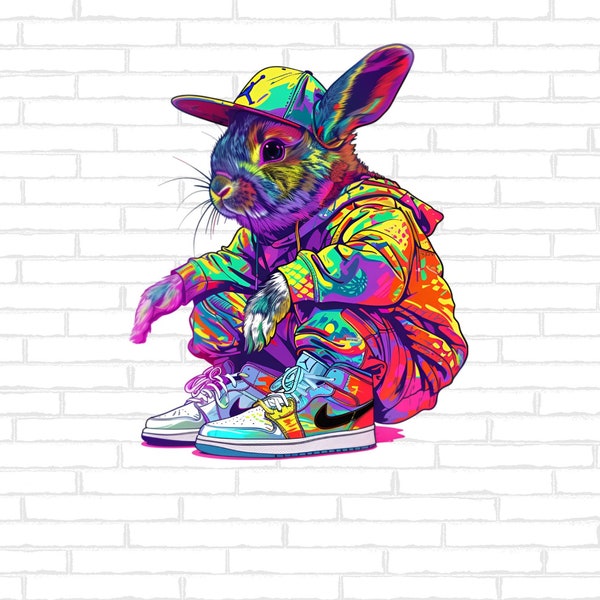 Hip Hop Bunny Digital Art, Vibrant Street Style Rabbit, Urban Animal Illustration, Cool Wall Decor, PNG Instant Download