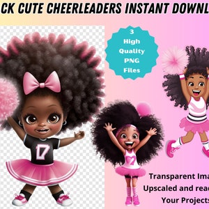 Cute Black Cheerleader In Pink Black Baby Girl Afro Puffs Clipart | Instant Download | Digital Art PNG file