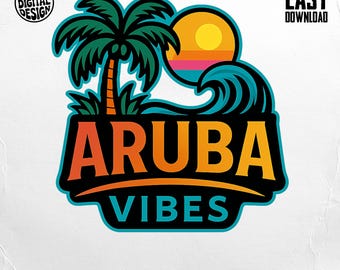 Aruba Vibes Digital PNG Download, Palm Tree, Ocean Wave Clipart, Island Vacation, Tropical Design, Summer SVG, Beach Vibes, Digital Products