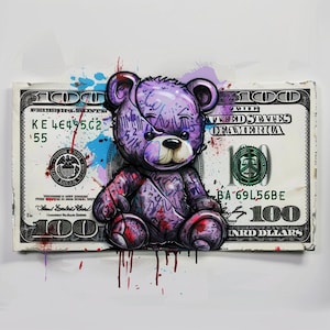 Orsacchiotto Hip Hop Graffiti su soldi, orsacchiotto di cartone animato, contanti da 100 dollari, perfetto per sublimazione, magliette, ecc. File PNG per il download digitale