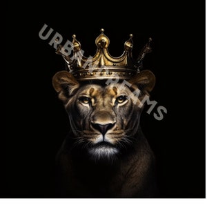 Black and Gold Lioness As Queen with Crown | True Hi Res Art | Wall Art | Printable Instant Download | AI ART