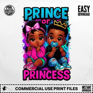 Prince Or Princess Digital, African American, PNG Download, Gender Reveal, Baby Shower, Twins, Cute, Kids, Commercial Use, Digital Product