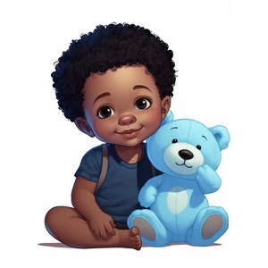 Beau petit garçon noir béni dans Bleu | Adorable prince noirClipart | Fichier PNG d'art numérique afro bleu bébé garçon