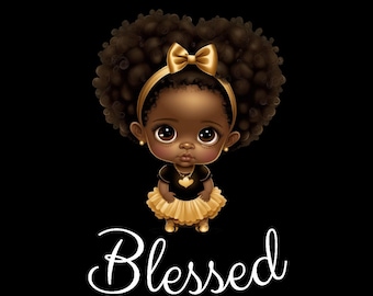 Adorable Blessed Black Baby Girl Afro Puffs Gold Dress Digital Art PNG file