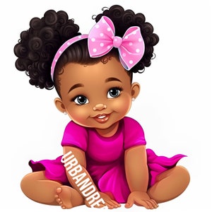 Belle petite fille noire bénie en rose | Adorable clipart princesse noire | Fichier PNG d'art numérique Afro Puffs robe rose