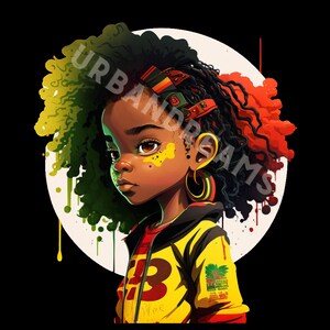 Puede incluir: Una ilustración digital de una niña joven con cabello negro peinado en rastas con acentos rojos, amarillos y verdes. Lleva una sudadera amarilla con una letra B roja en la parte delantera y una diadema roja, amarilla y verde. El fondo es un círculo blanco con salpicaduras de pintura roja, amarilla y verde.