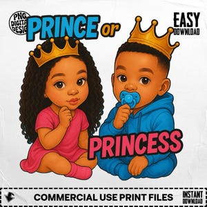 Prince or Princess Digital PNG Download, Gender Reveal Design, African American Kids, Digital Clipart, Baby Shower, Cute Royalty Image