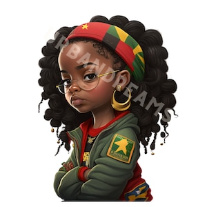 以下が含まれることがあります： 黒く縮れた髪をした若い女の子の漫画イラスト。緑色のジャケット、黄色い星が付いた赤と緑のヘッドバンド、そして金のフープピアスをしています。ジャケットには、黄色い星と「In Black We Trust 2021」という文字が書かれたパッチが付いています。