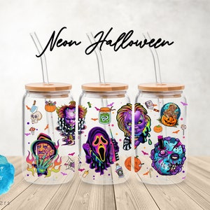 UV DTF Cup Wrap | Horror Spooky Halloween Freddy Jason Vibrant Neon | Libbey Glass Beer Can Glass 160z | tumbler sublimation
