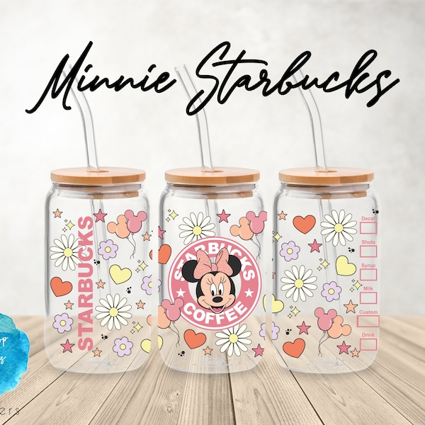 Enveloppement de tasse UV DTF | Personnages de souris Filles Café Minnie Rose Enfants | Verre de canette de bière en verre Libbey 160z | sublimation de gobelet