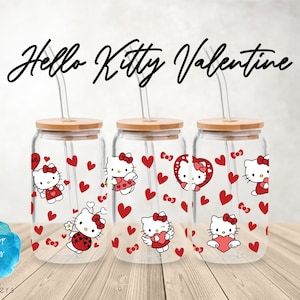 UV DTF Cup Wrap | Kitty Cartoon Hallo Mädchen Valentinstag Herzen | Libbey Glas Bierdose Glas 160z | trommel sublimation
