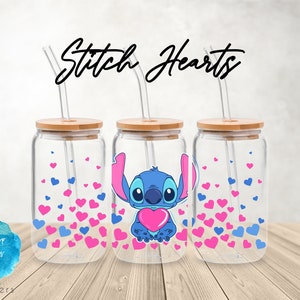 UV DTF Cup Wrap | Stitch Hearts Valentines Characters Love Gift | Libbey Glass  Beer Can Glass 160z | tumbler sublimation