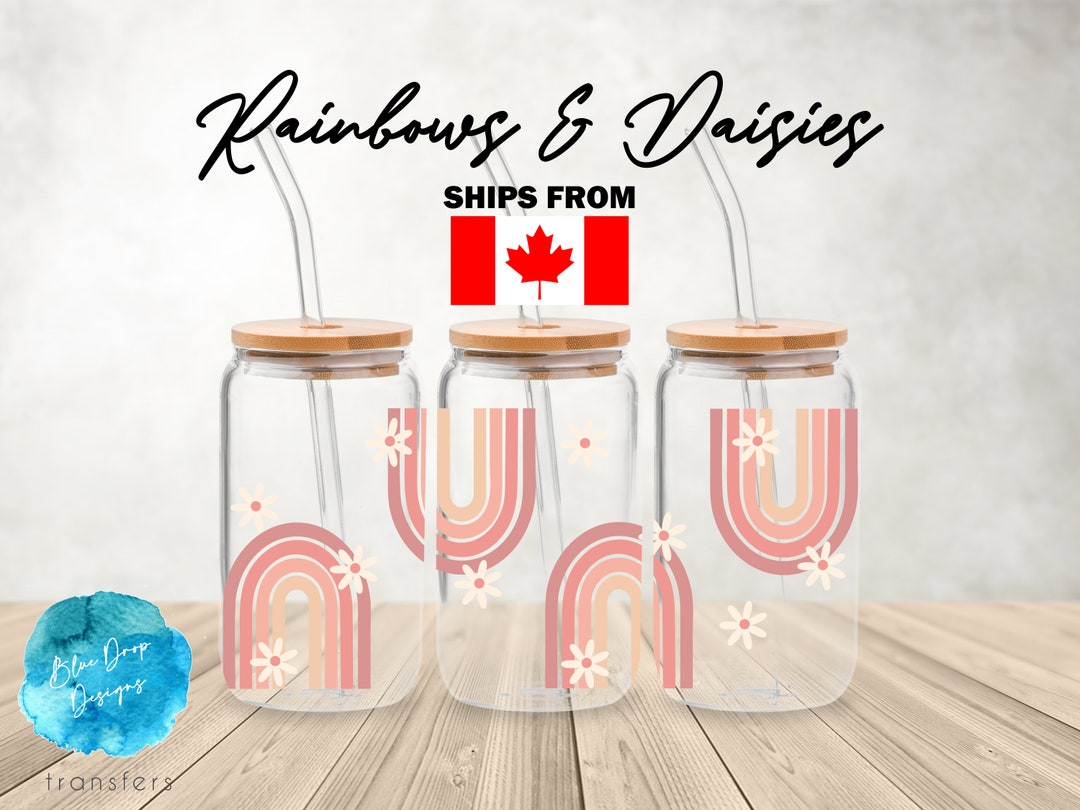 UV DTF Cup Wrap | Rainbows Boho Pink Daisies | Libbey Glass Beer Can ...
