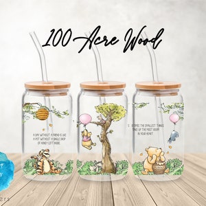 UV DTF Cup Wrap | Kids Characters Bear Piglet Tiger Hundred Acre Classic | Libbey Glass Beer Can Glass 160z | tumbler sublimation