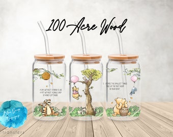 UV DTF Cup Wrap | Kids Characters Bear Piglet Tiger Hundred Acre Classic | Libbey Glass Beer Can Glass 160z | tumbler sublimation