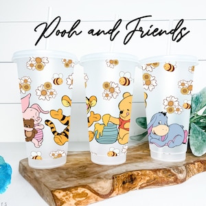 UV DTF Cup Wrap | 24oz Cold Cup Tapered No Hole | Bear Tiger Piglet Donkey Characters Kids Baby Shower | glass wrap sublimation
