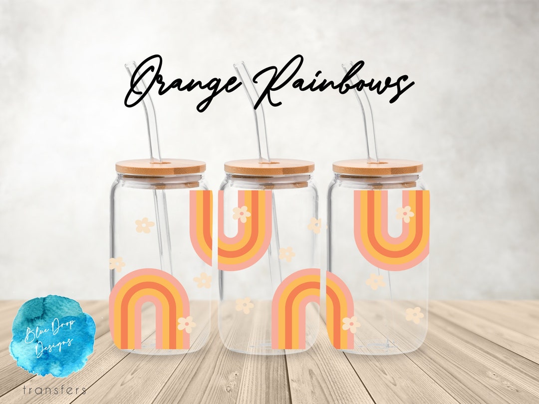 UV DTF Cup Wrap | Orange Rainbow Flowers | Libbey Glass Beer Can Glass ...