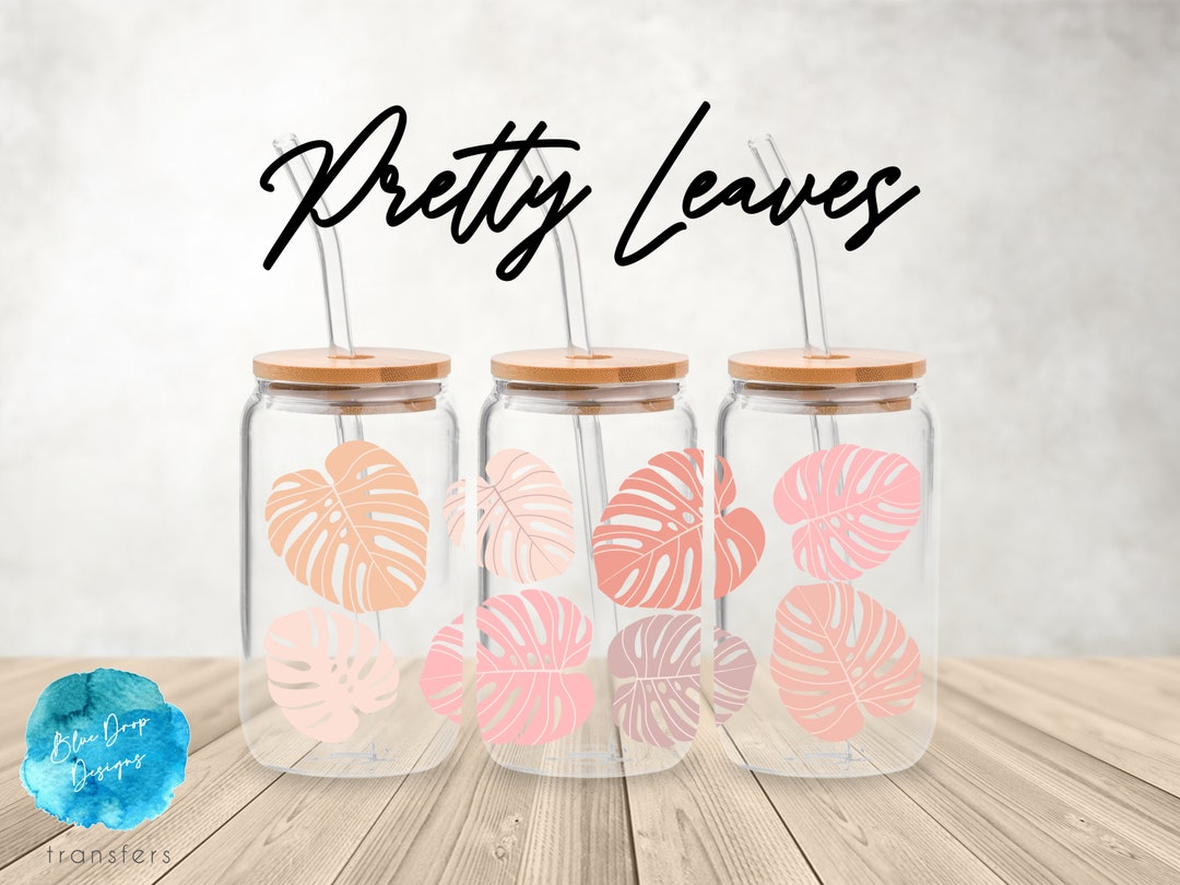 UV DTF Cup Wrap | Monstera Pink Leaves Plants Boho | Libbey Glass Beer ...